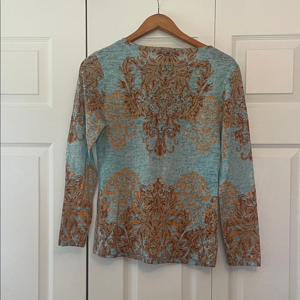 INC International Concepts Blue and Brown Patterned Blouse - Picture 3 of 3